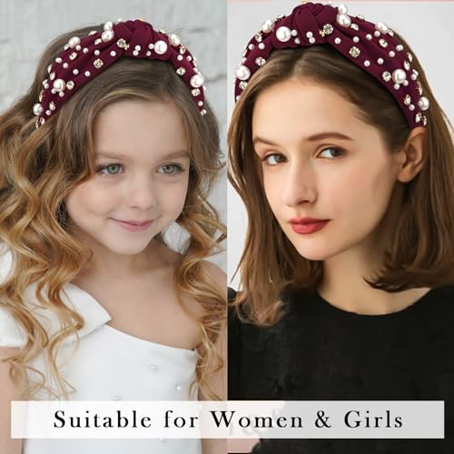 Pearl Knotted Rhinestone Wide Top Knot Beaded Jeweled Headbands for Women's Hair - Crystal Embellished for Christmas Holiday Gifts
