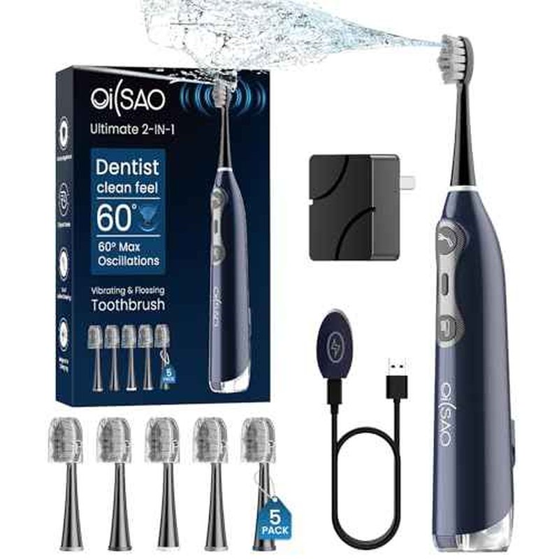 3-in-1 Flossing Toothbrush-Flosses, Vibrates and 60¡Æ Oscillates, Electric Toothbrush with Water Flosser Equipe 5 Brush Heads, Up to 99.99% Plaque Removal for Sensitivity, Braces-Blue