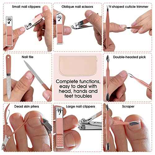 Nail Clippers and Beauty Tool Portable Set Manicure Set 12 in 1, with Pink Leather Bag, Suitable for Home, Workplace, Outdoor Travel, Gift Giving, Salon