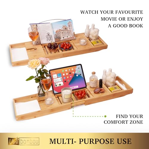 Bamboo Bathtub Caddy Tray for Luxury Bath, Expandable Bath Tray for Tub with Book and Wine Holder- Gift Idea for Loved Ones