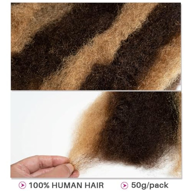 QVR Afro Kinkys Bulk Human Hair for Dreadlock Extensions Repair Locs, Hilight Color 16inch 50 Gram One Pack Mini Spring Twist Afro Kinky Human Hair for LocKs
