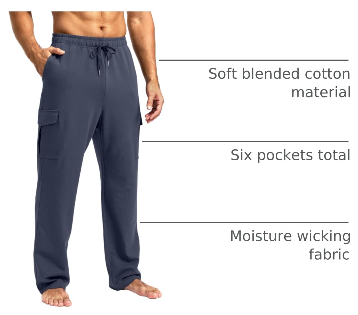 Pudolla Men's Cotton Sweatpants with Cargo Pockets Open Bottom Yoga Pants for Men Lounge Pants for Athletic Workout Casual(Dusty Blue 3X-Large)