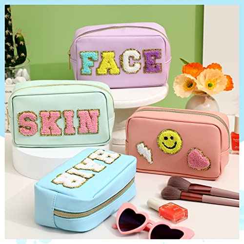 Sanwuta 4 Pcs Hair Face Skin Travel Bag Set Preppy Makeup Pouch PU Leather Skincare Bag Waterproof Cosmetic Organizer Birthday Christmas Gifts(Blue, Pink, Green, Purple,Fresh Style)