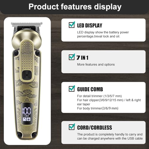 VGR 095 Beard Trimmer for Men, 7 in 1 Waterproof Cordless Hair Clippers and Trimmers Set, Electric Razor Shavers T-Blade Hair Trimmer Grooming Kit for Nose Body Ear Face Mustache, V-103