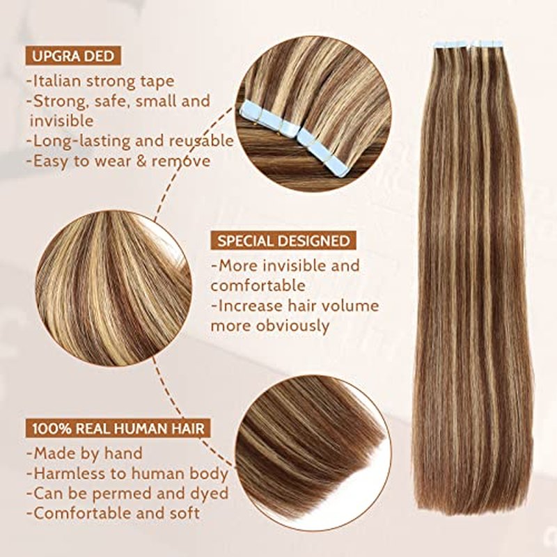 Tape in Hair Extensions Human Hair 4/27 Highlight Brown Straight Tape in Human Hair Extensions Adhesive Glue on Premium Quality Silky Invisible Seamless Skin Weft 16 inches 20pcs 50g/pack