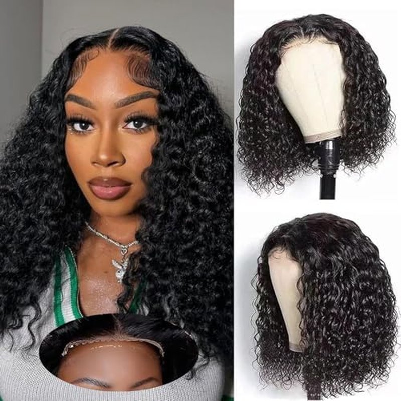 Bob Wig Human Hair Glueless Wigs Human Hair Pre Plucked Pre Cut 5x5 Short Curly Human Hair Wig For Black Women 180 Density Deep Wave Closure Wigs Human Hair 14 Inches Natural Black