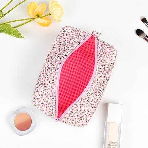 SOIDRAM Quilted Makeup Bag Floral Cosmetic Bag Puffy Coquette Makeup pouch Aesthetic Cute Pink Travel Toiletry Bag Organizer cotton Makeup Brushes Storage Bag for Women