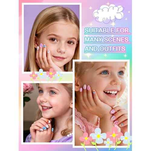 EBANKU Kid Press on Nails, 72Pcs Almond Fake Nails Kit Full Cover Colorful Cute Patterns Design Acrylic Nails with Nail Glue for Girl Halloween Party