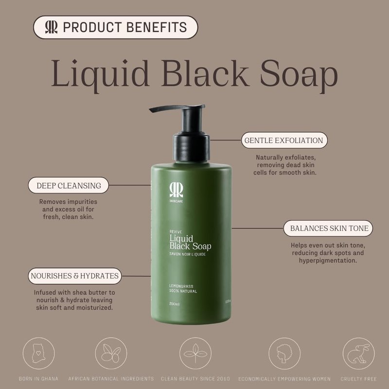 R&R Skincare Revive Liquid African Black Soap - Hydrating Shea Butter Cleanser for All Skin Types | 8.5 fl oz