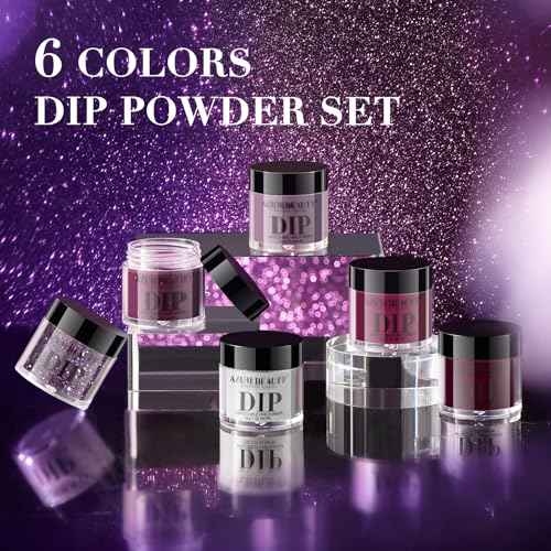 AZUREBEAUTY Dip Powder Nail Set, 6 Colors Christmas Purple Rose Red Glitter Natural Dipping Powder Starter Kit, French Nail Art Manicure DIY Salon, No Need Nail Lamp Cured