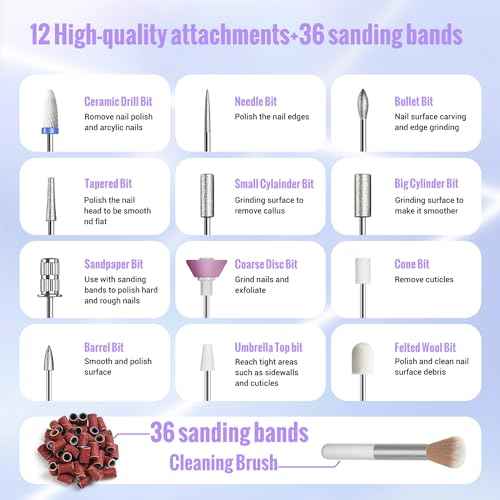 Cordless Electric Nail Drill Machine, 13 in 1 Nail File Kit 35000RPM Professional Portable Rechargeable E File for Acrylic Polish Gel Removal Manicure Pedicure Set with 5 Speeds DN-2402