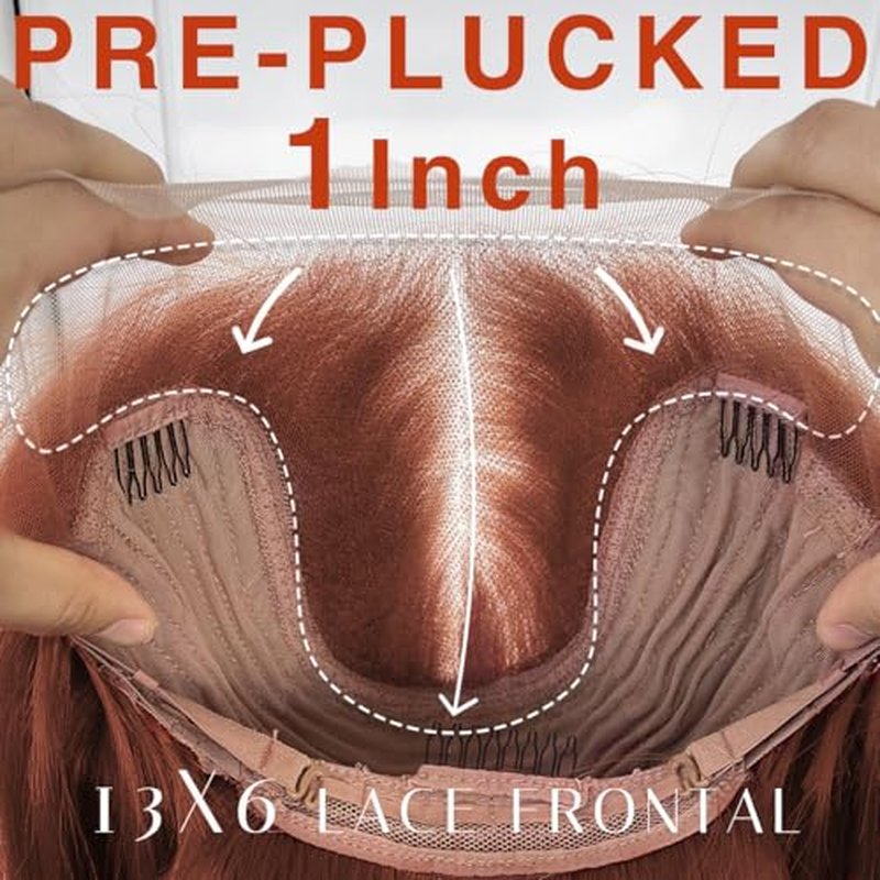 BlackSwern 13x6 HD Glueless Lace Frontal Wigs Pre-Plucked, 200 Density Ginger Similar Human Hair Synthetic Long Straight Lace Front Wig Ready to Wear, 26inch #Reddish Brown