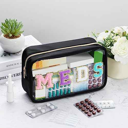 Geetery Chenille Letter Bag Nylon Portable Makeup Cases Preppy Patch with Zipper Cosmetic Toiletry Storage Bag for Women(Black,Original MEDS)