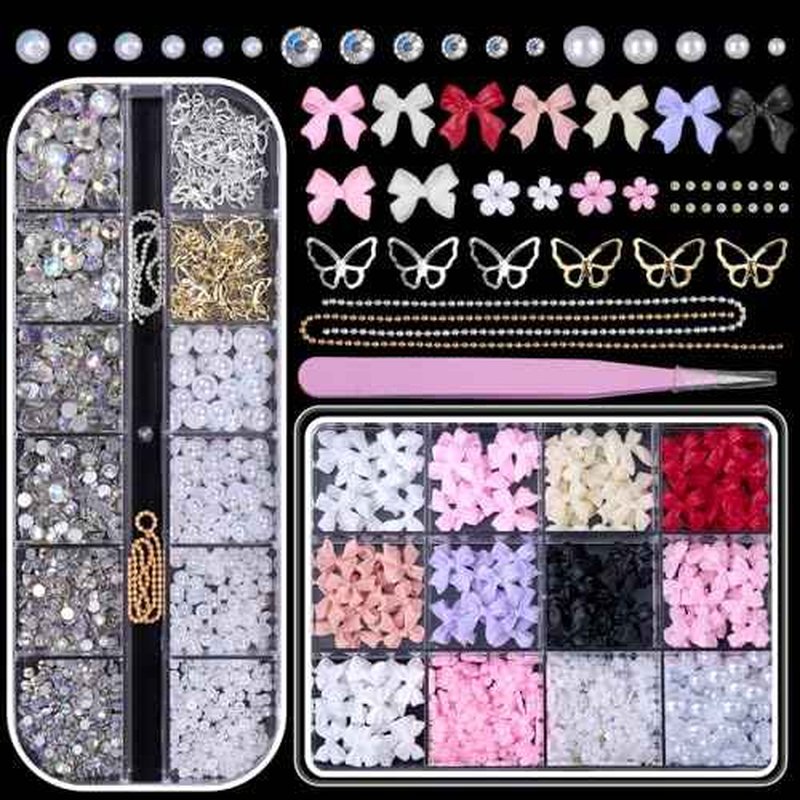 2 Boxes Mixed 3D Nail Charms and Rhinestones, Color Bows Bowknots Flowers Acrylic Nail Art Charms, Flatback Pearl Nail Gems Charms DIY Nail Art Accessories