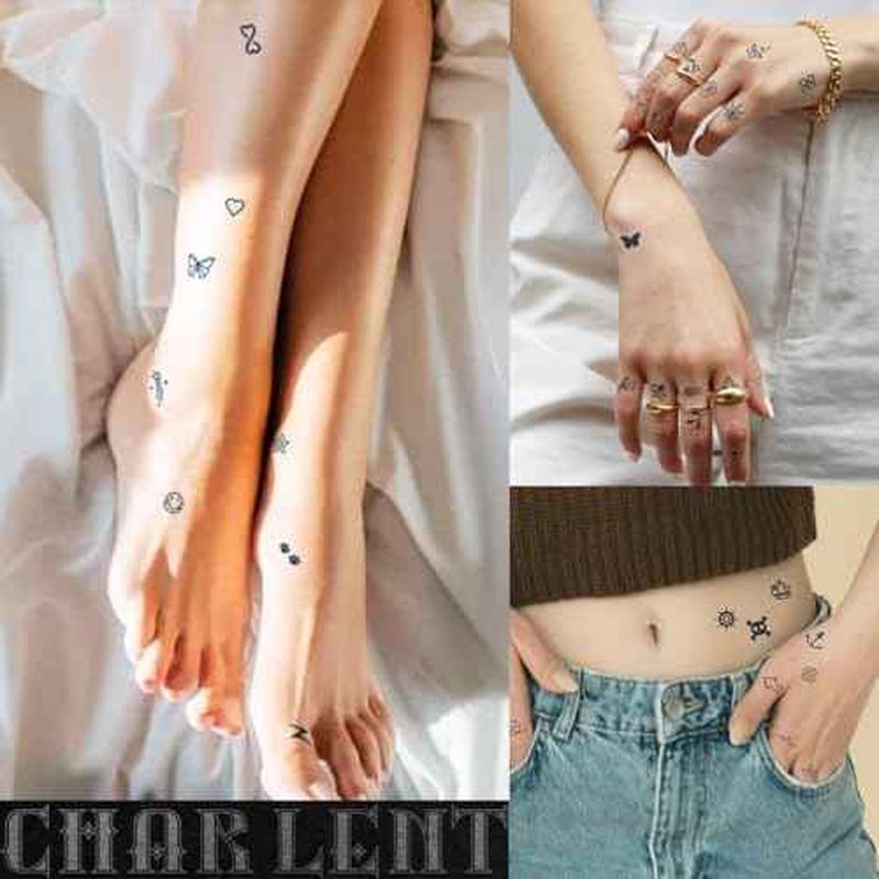 CHARLNET Tiny Small Semi-Permanent Tattoos for Adult - 2 Weeks Long Last Waterproof Realistic Mini Fake Tattoos for Women Men Finger Neck Body/Fades Naturally/No Reflection