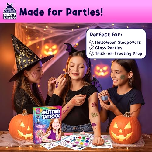 PURPLE LADYBUG 175-Piece No-Mess Temporary Glitter Tattoo Kit for Kids & Teens - Craft for Girls 8-12, Birthday Gift for Girls 6-12, Sleepover Kit, Shimmer Body Art, Halloween Party, Trick or Treat