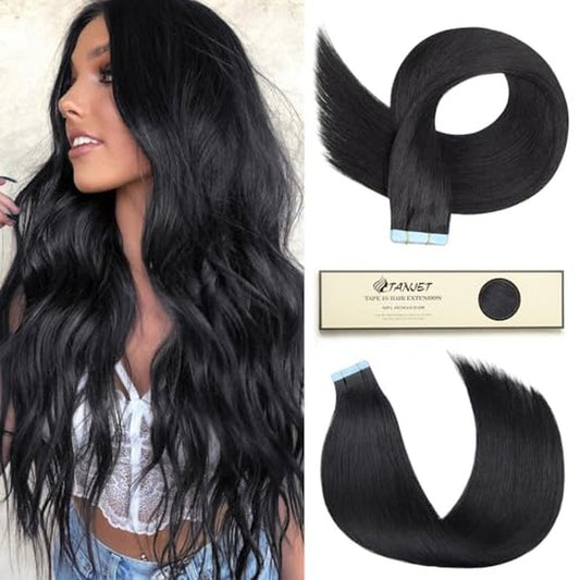 Tape-in Hair Extensions - 20 Inch Straight Jet Black Remy Hair - Invisible Skin Weft, Seamless Human Hair Extensions (#1 20 Inch 50g/Pack 20Pcs)