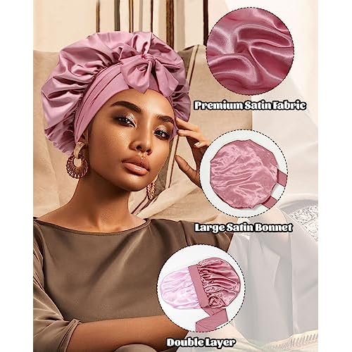 Satin Bonnet for Sleeping Cap Double Layer Hair Bonnet with Elastic Tie Band for Curly Hair Night Cap (Bean Paste + Pink)