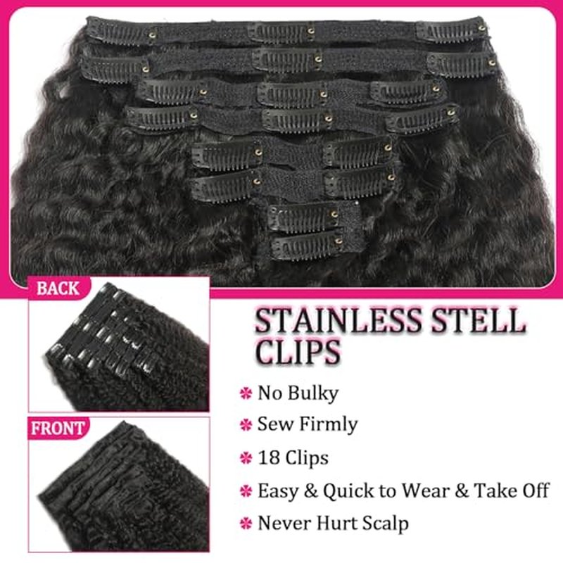 Kinky Straight Clip in Human Hair Extensions for Black Women 8Pcs 120g Seamless Kinky Straight Clip Ins 18Clips Double Weft Human Hair Full Head Hair Extensions (1B 22 Inch)