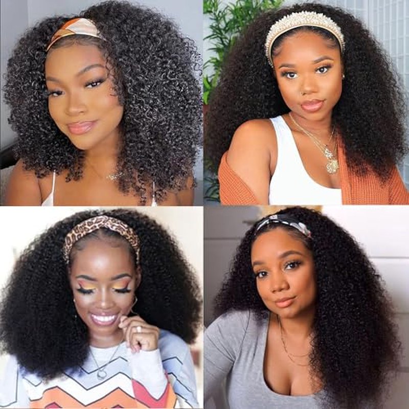 XSY Headband Wig Human Hair Kinky Curly 20 Inch Headband Wigs for Black Women Deep Curly Human Hair Wigs None Lace Front Wig 150% Density Natural Black Color