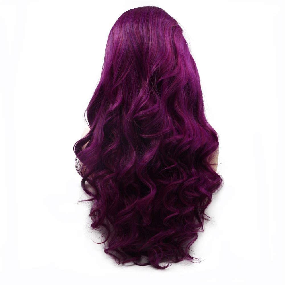 Kalisa Dark Purple Long Wavy Synthetic Lace Front Wig Ombre Purple with Black Root Side Part Wig Heat Resistant Fiber Makeup Wig for Women 24 Inches