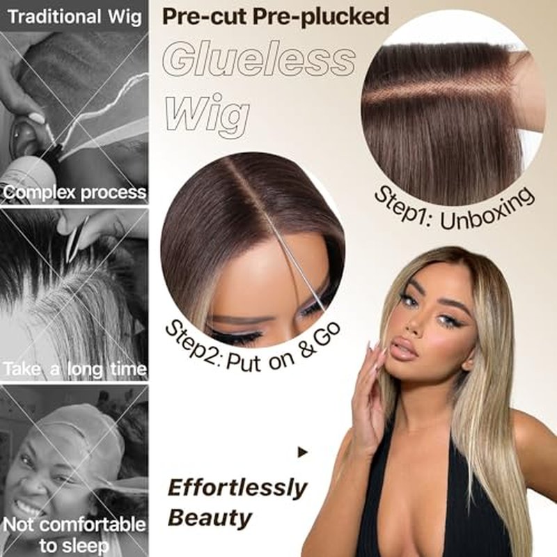 Ombre Blonde Wear and Go Glueless Wigs Pre Plucked Pre Cut for Beginners Synthetic Lace Front Wigs With Bangs Blonde Long Layered Straight Wigs 26 Inch 3 Seconds to Wear for Beginners