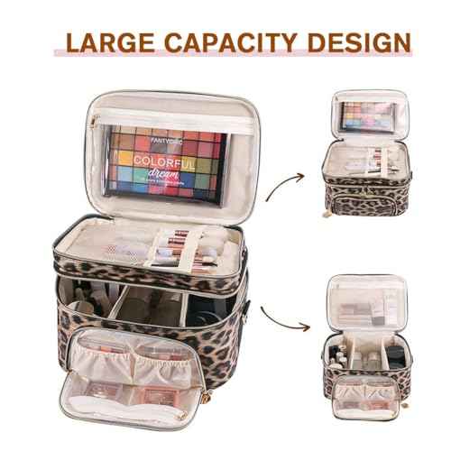 FITINI Double Layer Travel Leopard Makeup Bag,Extra Large Women Cosmetic Organizer Case,Skin Care Essentials Toiletries Bags with Shoulder Strap Waterproof Brush Storage with Removable Dividers