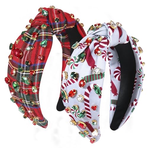 Christmas Headband for Women Holiday Accessories Decorations Xmas Tree Snowflake HoHoHo Crystal Knotted Headband Christmas Festive Headwear Party Gifts (Candy Cane Plaid)