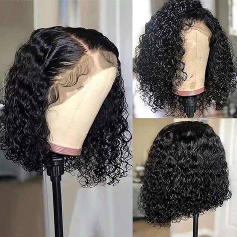 Curly Bob Wig Human Hair 13x6 Frontal Lace Wig Deep Curly Virgin Human Hair Wig Pre Plucked HD Transparent Lace Frontal Wigs for Women Natural Black 14 Inch