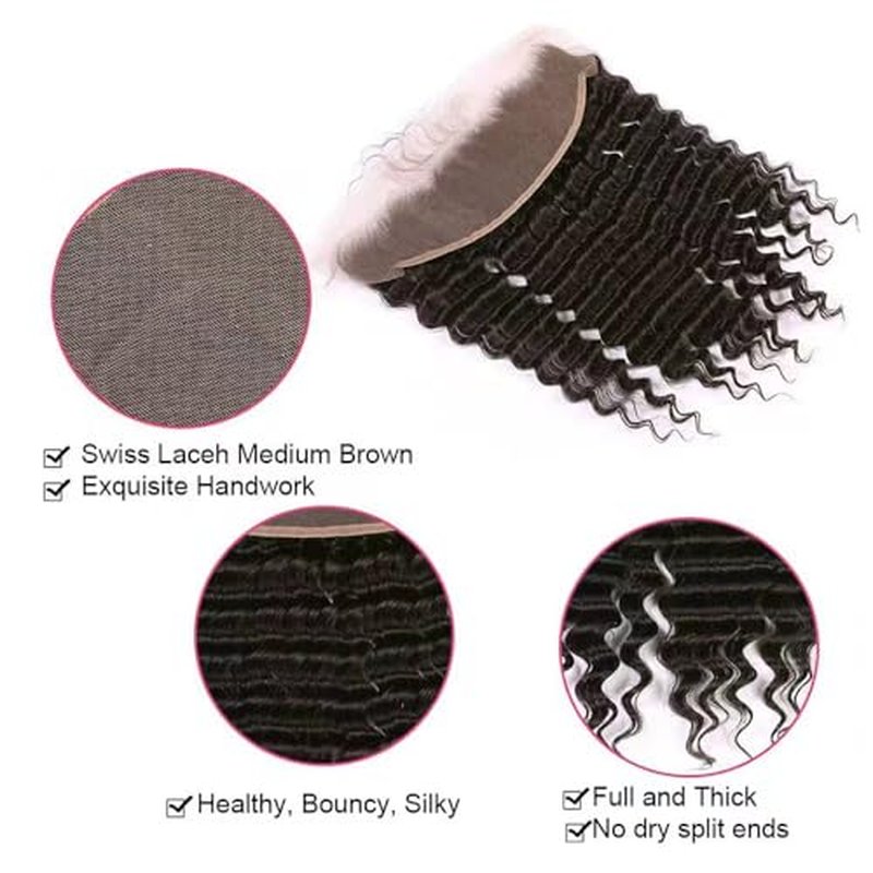 13x4 HD Lace Frontal Closure Deep Wave 18 Inch Ear To Ear Frontal Free Part Closure with Baby Hair Brazilian Virgin Curly Human Hair for Women Pre Plucked Frontals Closure Natural Black