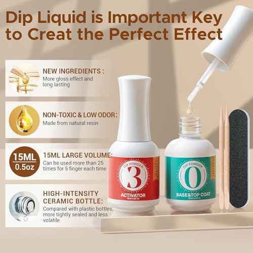 AZUREBEAUTY 2 Combined into1 Dip Powder Base & Top Coat with Activator, 0.5oz/Bottle, Fast Drying, No Lamp Needed, for Nail Kit