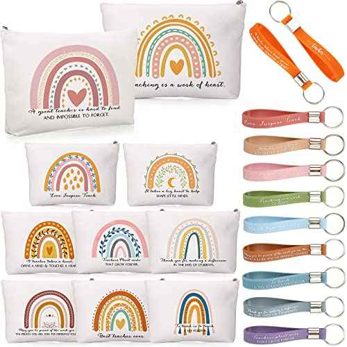 Fumete 40 Pcs Teacher Gift Inspirational Rainbow Makeup Bag Rainbow Silicone Keychains Bulk Zipper Canvas Teacher Pencil Pouch for Employee Appreciation Thank You Gifts Thanksgiving Christmas