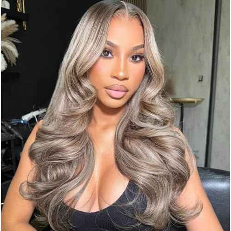 Rina 13x6 Ombre Milk Tea Ash Blonde with Brown Highlights Lace Front Wig Human Hair 210% Density Upgreads Ombre Roots Ash Blonde Highlights Brown Wigs Pre Plucked 13x6 Hd Lace Wig for Women 20 Inch