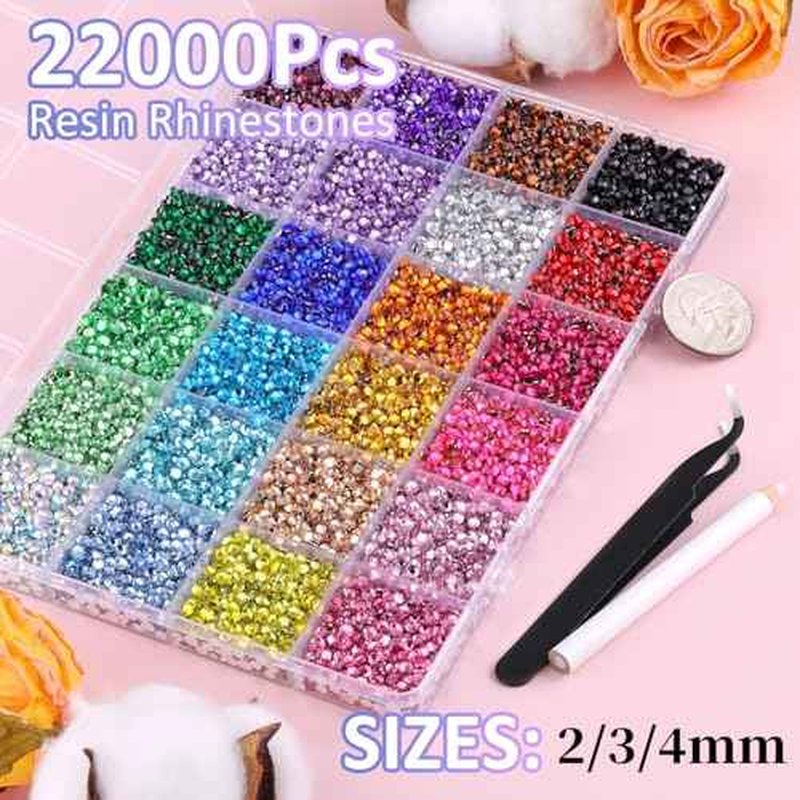 22000Pcs Resin Rhinestones for Bedazzling with Tweezers, Multicolor 2/3/4mm Rhinestones for Crafting with B7000 Jewelry Glue for DIY Crafts Clothing Tumblers Shoes Fabric Nail Art
