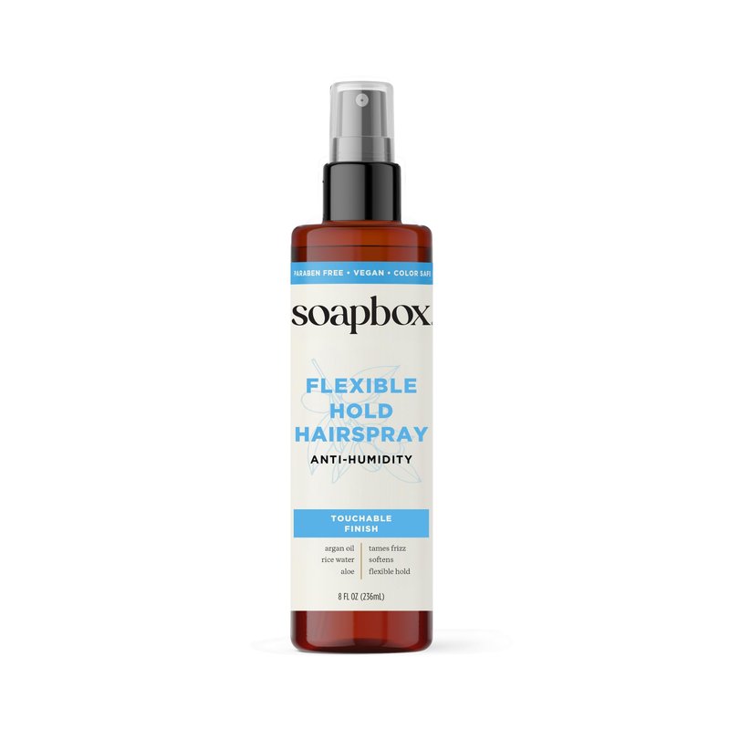 Soapbox Non Aerosol Hairspray, Anti Humidity & Flexible Hold Hairspray Adds Shine & Controls Frizz - Scented Anti Frizz Hair Spray with B5 & Aloe Vera - Touchable, Light, Soft Hold, Non-Aerosol - 8oz