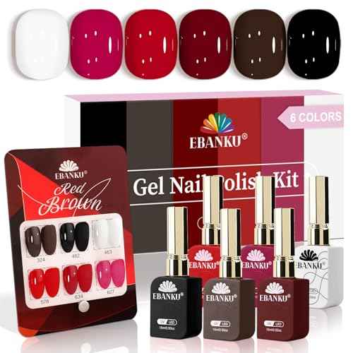 EBANKU 6 Pcs 15ML Red Gel Nail Polish Set- Dark Red Burgundy Gel Polish Same Color Same Bottle Soak Off Gel Polish Kit Nail Art Manicure Christmas Gifts for Women (Dark Red White Black Brown)