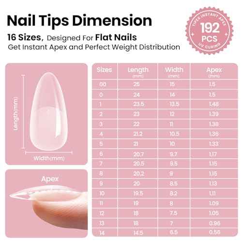Beetles Tipex Instant Apex Nail Tips Almond Medium Acrylic Nail Tips, Pre-Etched Pre-Building Strong Thick Long Lasting,16 Sizes,192 Pieces