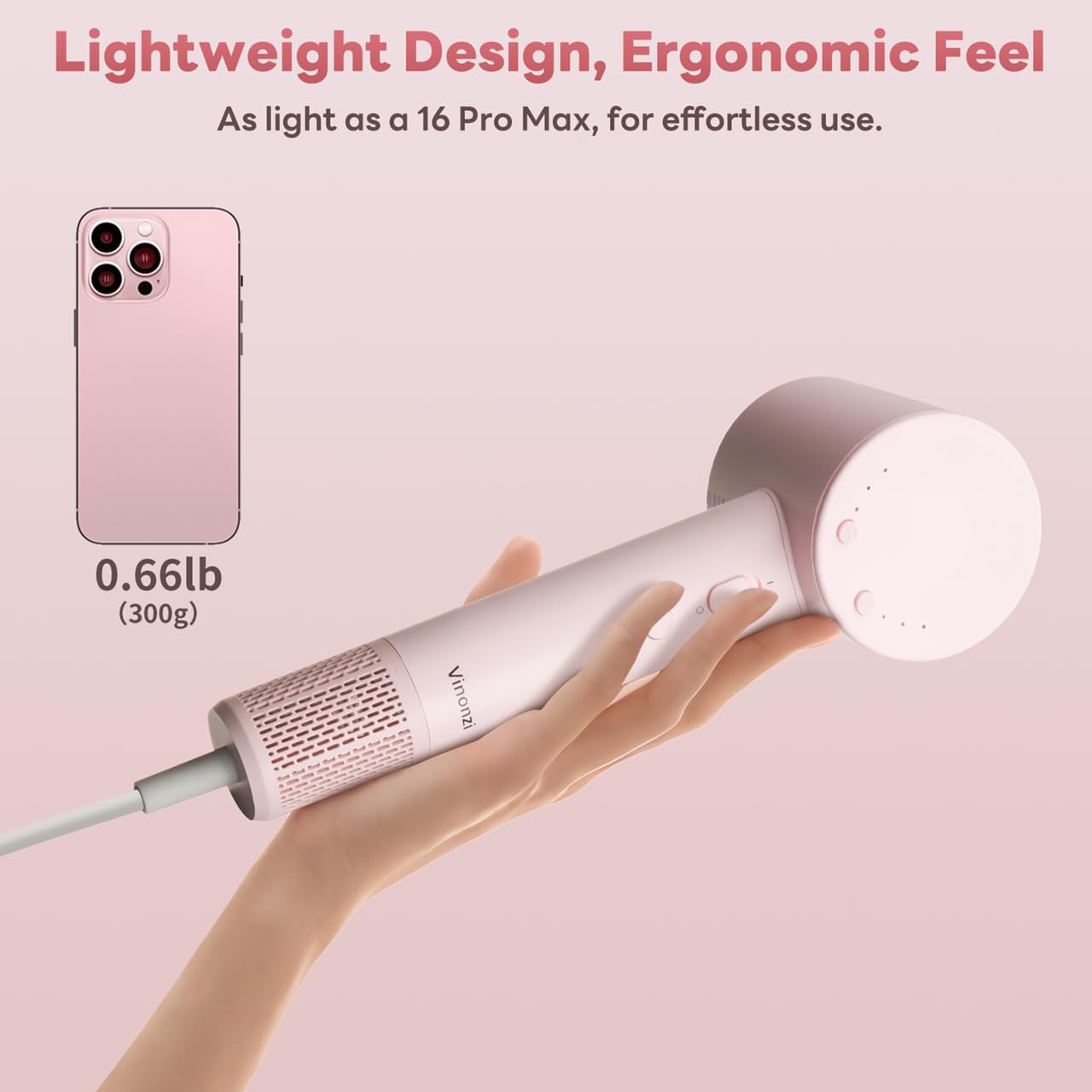 Hair Dryer, High-Speed Ionic Low Noise Blow Dryer with Brushless Motor for Fast Drying, Thermo-Control Quiet Compact Pink Hair Blow Dryers with Magnetic Diffuser for Curly Hair for Home Travel Salon