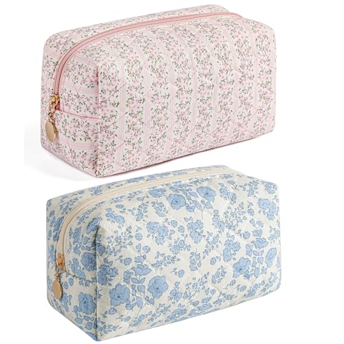 Makeup Travel Cosmetic Bag, Two Pack: Pink+Blue Floral, Zipper Closure, Durable Polyester, Perfect for Toiletry, Makeup, Travel
