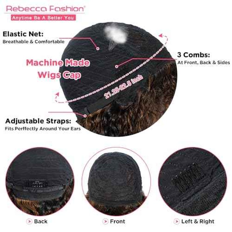 Rebecca Fashion Highlight Curly Bob Human Hair Wig with Bangs 12 Inch Short Curly Water Wave Bob Wig Human Hair Wigs for Black Women Glueless Wig 100% Brazilian Remy Hair Black Mixed Brown Color