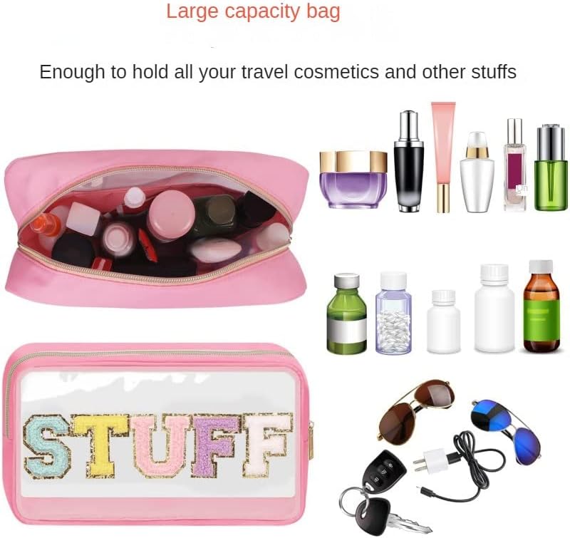 Chenille Letters Makeup Bag - Clear Glitter Cosmetic Bag for Travel | 8.66" x 5.31" x 3.15", Black