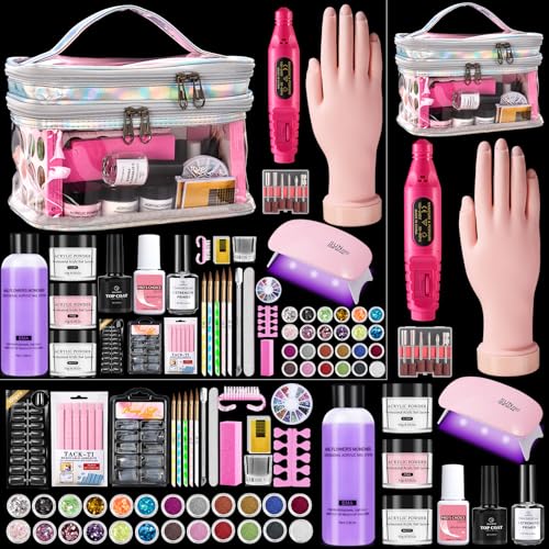 Nail Kit for Beginners with Everything: Professional Nail Acrylic Powder Liquid Set with Practice Hand Drill U V Light in Cosmetic Bag for Women Salon Home (Silver)