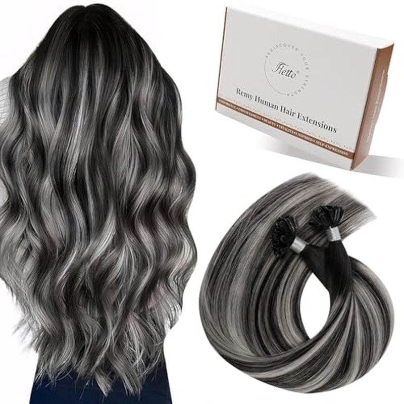 Hetto Ktip Human Hair Extensions Balayage K Tips Hair Extensons Real Human Hair Black to Silver Grey U Tip Hair Extensions Straight 14 Inch 50G 50S