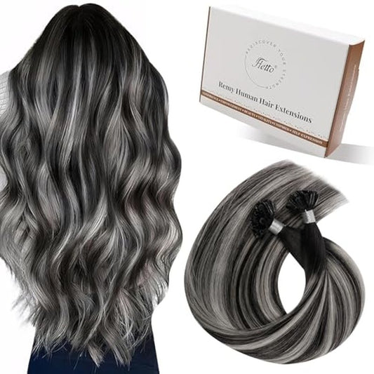 Hetto Ktip Human Hair Extensions Balayage K Tips Hair Extensons Real Human Hair Black to Silver Grey U Tip Hair Extensions Straight 14 Inch 50G 50S