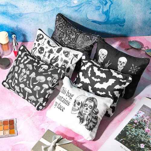 Amylove 6 Pcs Halloween Makeup Bag Goth Purse Gift for Women Portable Skeleton Cosmetic Makeup Zipper Pouch Funny Travel Zipper Gothic Purse Spooky Gifts for Party Favors