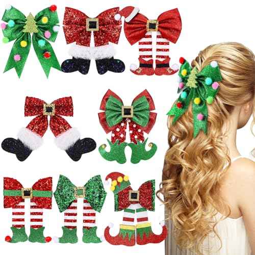 8 Pack Christmas Hair Clips for Women Glitter Sequins Red and Green Christmas Bow Clips Xmas Glitter Hair Accessories Deer Antler Headdress Cute Xmas Party Gifts for Women (Mixed Style)