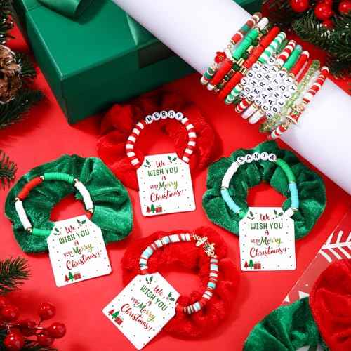 Tondiamo 72 Pcs Christmas Bracelets and Scrunchies Christmas Party Favor Gift Red Green Santa Joy Merry Candy Holiday Stackable Stretch Friendship Bracelets and Scrunchies with Gift Cards for Women