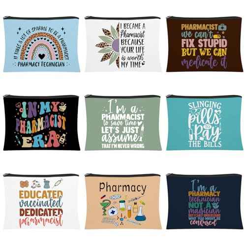 Kacctyen 9 Pcs Pharmacy Technician Gifts for Women Canvas Pharmacist Makeup Bag Canvas Zipper Cosmetic Bags Funny Pharmacy Technician Accessories for Pharmacist Nurse Coworker Medical Assistant
