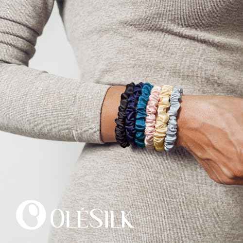 OLESILK Silk Hair Ties for Women: 100% Mulberry Skinny Silk Scrunchies, Soft Smooth No Damage No Crease for Thin Fine Curly Hair 5 Pack, Black