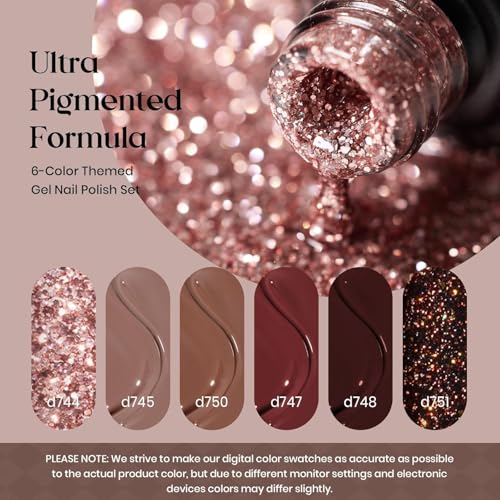 Beetles Fall Gel Polish Set Dark Brown Gel Nail Polish 6 Colors Glitter Burgundy Red Gold Black Sparkle Nail Kit Soak Off Led Manicure DIY Home Salon Gifts for Girls Women Academia Aesthetic